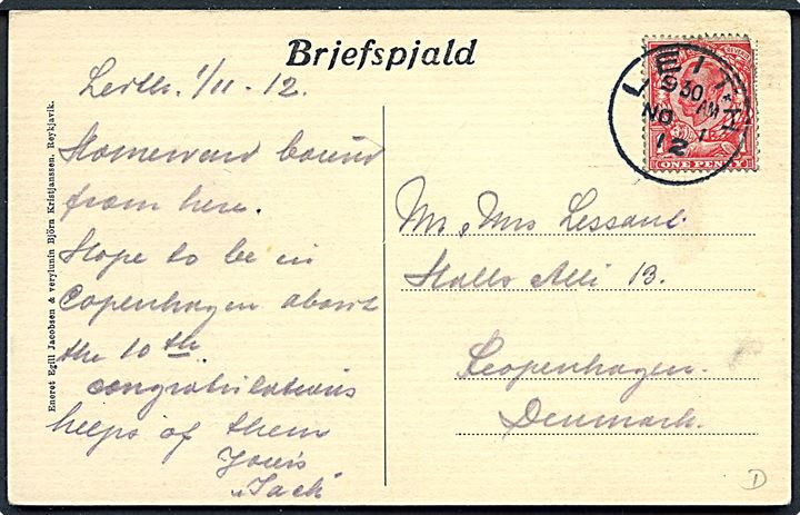 Siglufjördur med fiskefartøjer. E. Jacobsen u/no. Frankeret med engelsk 1d George V stemplet Leith d. 1.11.1912 til København.