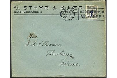 7/8 øre Provisorium på tryksag annulleret med sjældent TMS KØB DANSKE VARER/København *10.* d. 29.4.1926 til Thorshavn, Færøerne. Folder på bagklap.