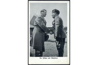 Hitler og Mussolini møde. Uadresseret kort med 1 pfg. og 5 pfg. Hindenburg annulleret med særstempel i Berlin d. 27.9.1937.