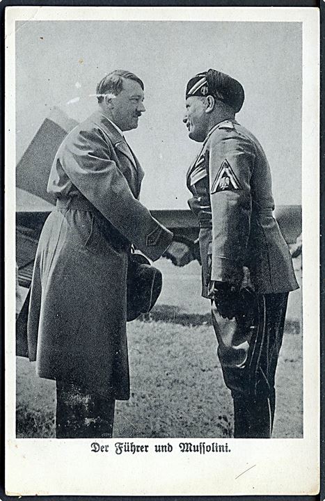Hitler og Mussolini møde. Uadresseret kort med 1 pfg. og 5 pfg. Hindenburg annulleret med særstempel i Berlin d. 27.9.1937.