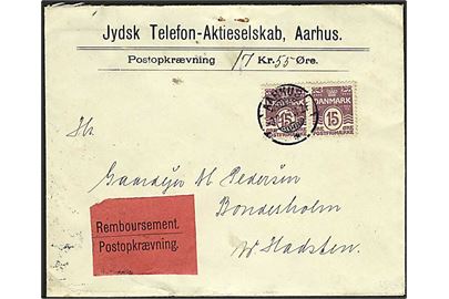 15 øre Bølgelinie i parstykke på brev med opkrævning fra Aarhus d. 3.2.1914 til Hadsten.