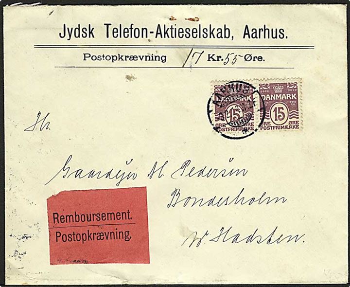 15 øre Bølgelinie i parstykke på brev med opkrævning fra Aarhus d. 3.2.1914 til Hadsten.