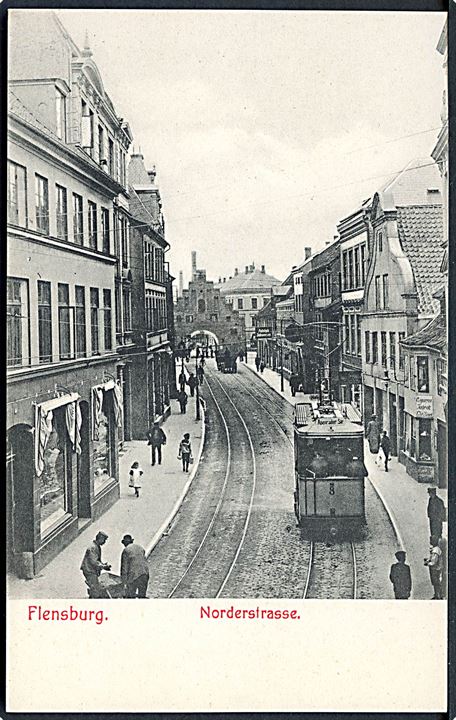 Flensburg, Norderstrasse med sporvogn no. 8. G. Speckhahn u/no.