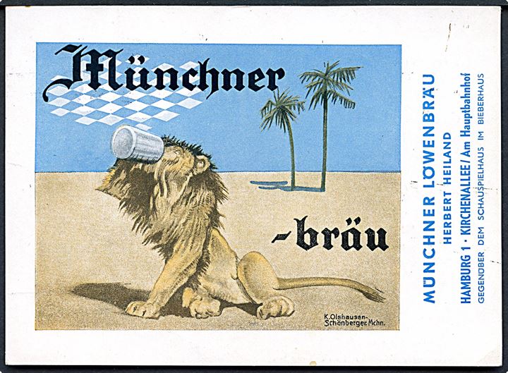 Münchner Bräu. Reklamekort for Münchner Löwenbräu. Frankeret med 30 pfg. Ciffer og 2 pfg. Berlin Notopfer fra Hamburg 1954 til Danmark.