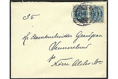 4 øre Tofarvet i ramme tête-bêche parstykke på brev fra Kjøbenhavn d. 23.12.1899 til Nørre Alslev.