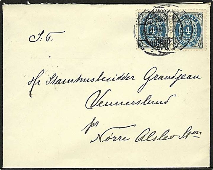 4 øre Tofarvet i ramme tête-bêche parstykke på brev fra Kjøbenhavn d. 23.12.1899 til Nørre Alslev.
