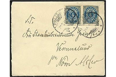 4 øre Tofarvet i ramme tête-bêche parstykke på brev fra Fuglebjerg d. 28.8.1896 til Nørre Alslev.