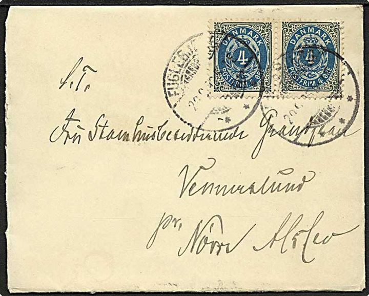 4 øre Tofarvet i ramme tête-bêche parstykke på brev fra Fuglebjerg d. 28.8.1896 til Nørre Alslev.