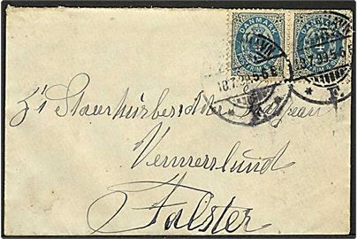 4 øre Tofarvet i ramme tête-bêche parstykke på brev fra Kjøbenhavn d. 18.7.1899 til Nørre Alslev.
