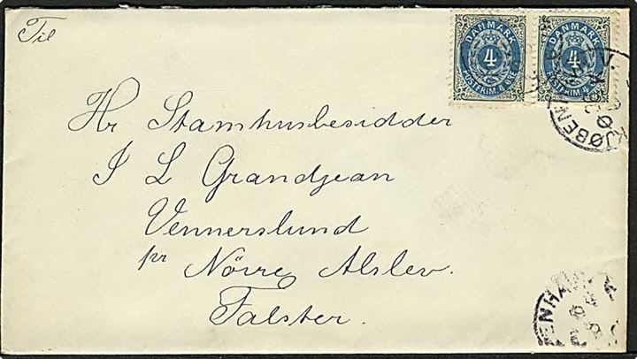 4 øre Tofarvet i ramme tête-bêche parstykke på brev fra Kjøbenhavn d. 26.8.1897 til Nørre Alslev.