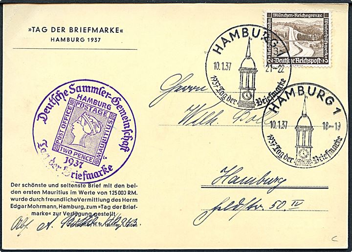 Tag der Briefmarke i Hamburg 1937 annulleret med særstempel d. 10.1.1937.