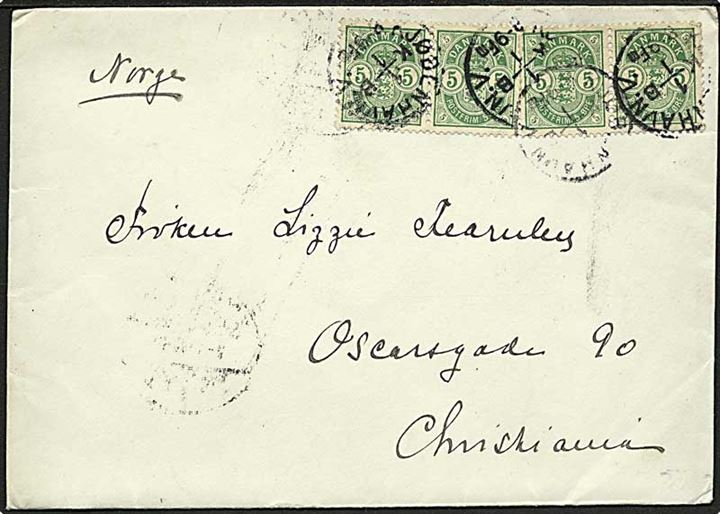 5 øre Våben i 4-stribe på brev fra Kjøbenhavn V. d. 1.1.1899 til Christiania, Norge. Lidt foldede takker. 