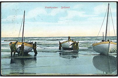 Vestkysten. Jylland. Fiskere ved bådene. Alex Vincents no. 743. 