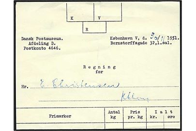 Regning fra Dansk Postmuseum for køb af 1 stk. Kilovarer for 16 kr. dateret København V. d. 30.11.1951.