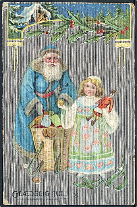 Glædelig Jul.Julemanden i blå kåbe, holder pige i hånden. No. 8132. Prægekort. (Anvendt 24.12.09). 