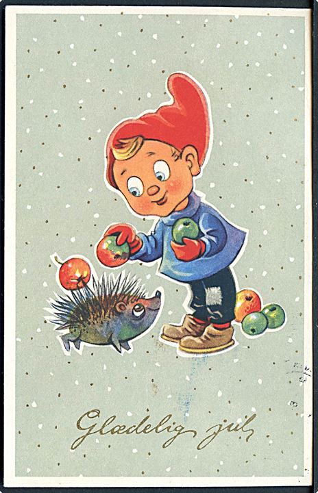 Jul. Nisse sætter æbler på pindsvinets pigge. Stenders no. 5109 / 125.