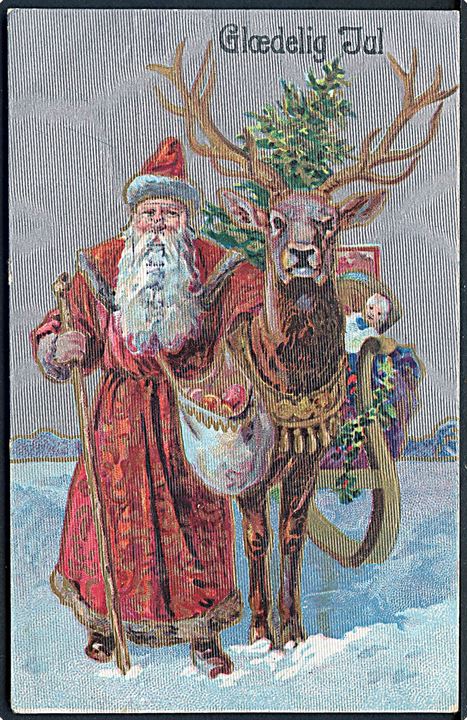 Glædelig Jul. Julemanden i rød kåbe og rensdyret foran kanen. No. W. 21. (Anvendt 24.12.14). Prægekort. 