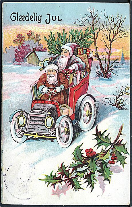 Glædelig Jul. Julemænd i brune kåber i automobil fyldt med gaver. No. 512. 