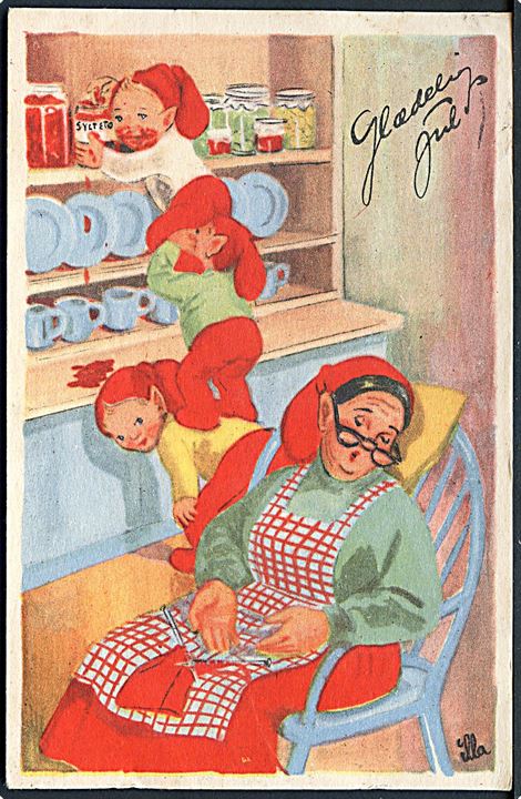 Illa Winkelhorn: Glædelig Jul. Nissebørn laver ballade, mens nissemor sover. F. D. B., serie 1202. 
