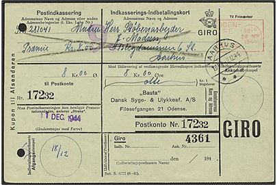 30 øre blanketmaskin-frankostempel fra Odense Postkontor d. 30.11.1944 på retur Indkasserings-Indbetalingskort til Aarhus.