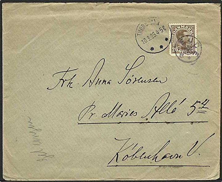 20 øre Chr. X (kort hjørnetak) på brev annulleret med stjernestempel EJDE og sidestemplet Thorshavn d. 10.3.1925 til København.
