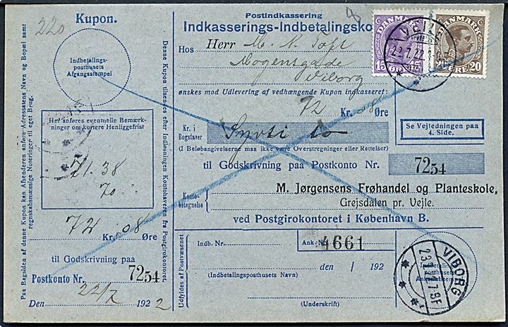 15 øre og 20 øre Chr. X på retur Indkasserings Indbetalingskort fra Veile d. 23.7.1922 til Viborg.