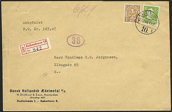 15 øre og 1 kr. Chr. X på lokalt anbefalet brev med postopkrævning i København d. 22.7.1946. Bagklap mgl.