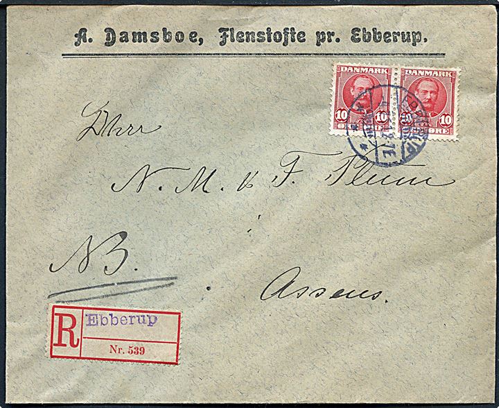 10 øre Fr. VIII i parstykke på anbefalet lokalbrev fra Flenstofte pr. Ebberup d. 4.7.1911 til Assens. Blanko rec.-etiket med liniestempel Ebberup.