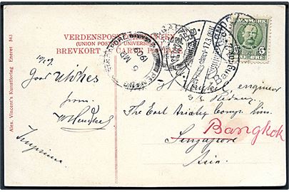 5 øre Fr. VIII på sørge-postkort (Chr. IX 1818-1906) sendt som tryksag fra Rønde d. 10.2.1909 til maskinmester ombord på S/S Redang via Øst Asiatisk Kompagni i Singapore - eftersendt til Bangkok, Siam. Transitstemplet Penang to Singapore d. 6.3.1909 og ank.stemplet i Bangkok d. 17.3.1909.