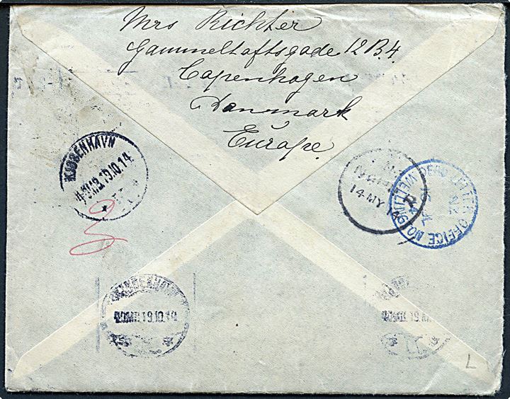 5 øre Bølgelinie (3) og 5 øre Chr. X på brev fra Kjøbenhavn d. 2.4.1914 til Napier, New Zealand. Retur med stempler: N.Z. Napier Unclaimed d. 6.7.1914 og Dead Letter Office Wellington d. 16.7.1914.