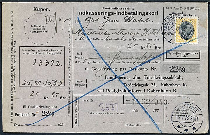 35 øre Chr. X single på retur Indkasserings-Indbetalingskort fra København d. 14.7.1923 til Holstebro.