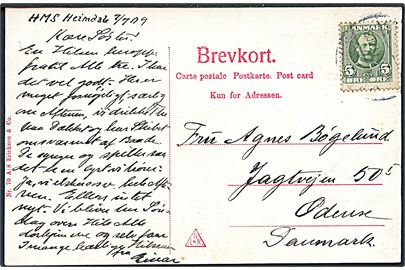 5 øre Fr. VIII på brevkort (Kristiania Toldkammer) dateret ombord på HMS Heimdal d. 7.7.1909 og annulleret med svagt dansk bureaustempel til Odense. Sendt fra krydseren Heimdals flådebesøg i Kristiania, Norge.