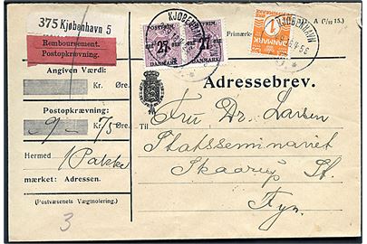 1 øre Bølgelinie og 27/10 øre Provisorium i parstykke på adressekort for pakke på opkrævning fra Kjøbenhavn d. 24.9.1918 til Skaarup St.