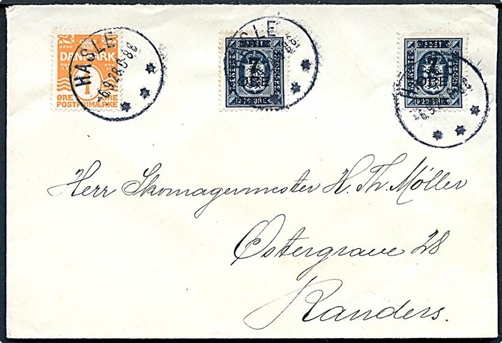 1 øre Bølgelinie og 7/20 øre Provisorium (2) på brev annulleret med brotype IIIb Hasle d. 6.9.1928 til Randers.