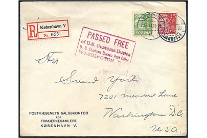 15 øre og 40 øre Karavel på anbefalet brev fra København d. 20.2.1934 til Washington, USA. Amerikansk toldstempel.