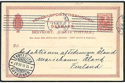 10 øre Chr. IX helsagsbrevkort fra Kjøbenhavn d. 7.6.1906 til Mariehamn, Åland, Finland. Ank.stemplet med tydeligt 2-sproget stempel i Mariehamn d. 12.6.1906.