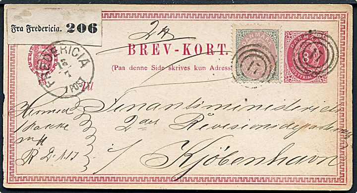 8 øre helsagsbrevkort opfrankeret med 12 øre Tofarvet 5. tryk anvendt som adressekort for pakke annulleret med nr.stempel 17 og sidestemplet lapidar Fredericia d. 18.7.1878 til Kjøbenhavn.