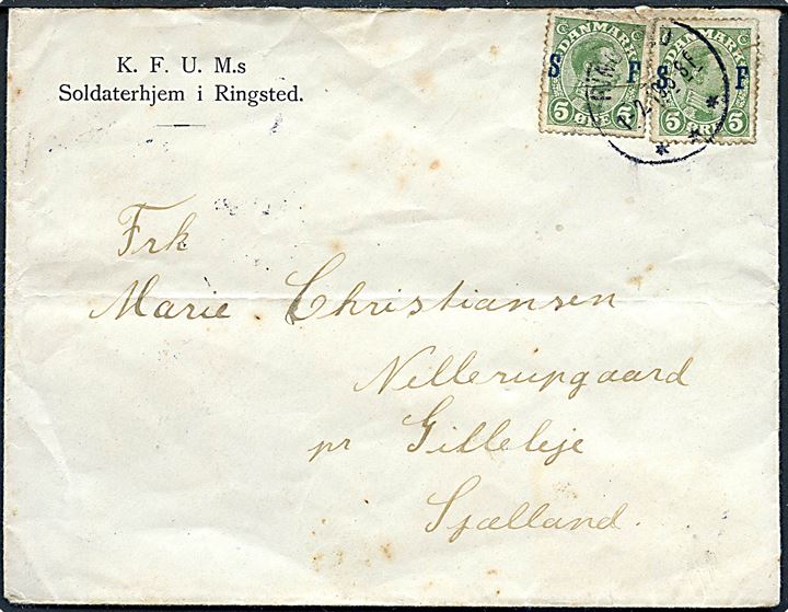 5 øre Soldaterfrimærke (2) på brev fra K.F.U.M.s Soldaterhjem i Ringsted d. 1.2.1919 til Gilleleje. Sen anvendelse. Begge mærker med skader.