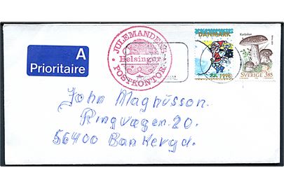 Svensk 3,85 kr. Svampe og Dansk Julemærke 1996 på brev annulleret i Malmö d. 18.12.1996 og sidestemplet Julemandens Postkontor Helsingør til Bankeryd, Sverige.