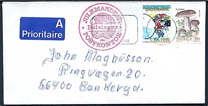 Svensk 3,85 kr. Svampe og Dansk Julemærke 1996 på brev annulleret i Malmö d. 18.12.1996 og sidestemplet Julemandens Postkontor Helsingør til Bankeryd, Sverige.