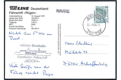 Tysk 80 pfg. på brevkort (TS-Line færgen Rügen) annulleret med dansk stempel Bornholm 3700-3790 d. 26.8.1994 og sidestemplet Navire til Aschaffenburg, Tyskland. Privat skibsstempel: Sassnitz - Bornholm Eisenbahn-Fährschiff Rügen.