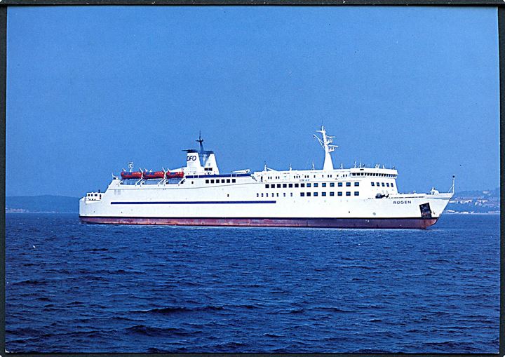 Tysk 80 pfg. på brevkort (TS-Line færgen Rügen) annulleret med dansk stempel Bornholm 3700-3790 d. 26.8.1994 og sidestemplet Navire til Aschaffenburg, Tyskland. Privat skibsstempel: Sassnitz - Bornholm Eisenbahn-Fährschiff Rügen.