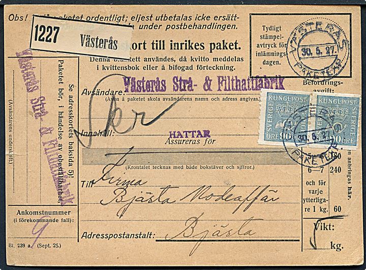 90 öre Posthorn i parstykke på adressekort for pakke fra Västerås d. 30.5.1927 til Bjästa.