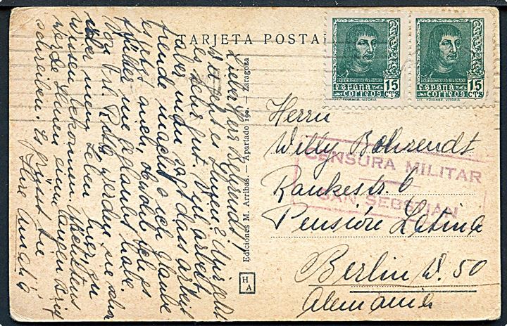 15 cts. i parstykke på brevkort fra San Sebastian annulleret med svagt stempel til Berlin, Tyskland. Lokal spansk censur fra San Sebastian.