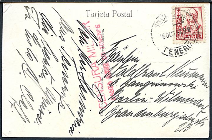 30 cts. Isabel på brevkort stemplet Santa Cruz de Tenerife d. 16.10.1937 til Berlin, Tyskland. Lokal spansk censur fra Santa Cruz de Tenerife.