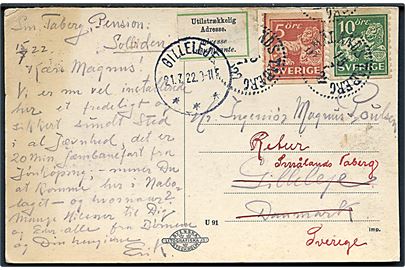 5 öre og 10 öre Løve på brevkort fra Smålands Taberg d. 15.7.1922 til Gilleleje. Retur med 2-sproget returetiket Utilstrækkelig Adresse.