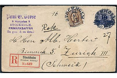 10/6 öre provisorisk helsagskuvert opfrankeret med 30 öre Oscar II sendt anbefalet fra Stockholm d. 31.12.1895 til Zürich, Schweiz.