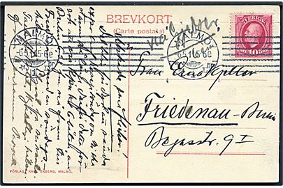 10 öre Oscar II på brevkort (Havneparti Malmö) fra Malmö d. 6.5.1911 til Friedenau, Tyskland. Påskrevet via Gjedser.