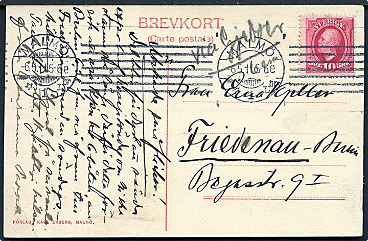 10 öre Oscar II på brevkort (Havneparti Malmö) fra Malmö d. 6.5.1911 til Friedenau, Tyskland. Påskrevet via Gjedser.