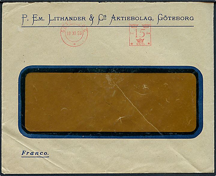 15 öre frankostempel på rudekuvert fra Göteborg d. 19.11.1926.